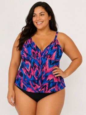 Trimshaper Blue Pink Tiered Tankini Top NWT Size 22W Abstract Print Shaping Swim